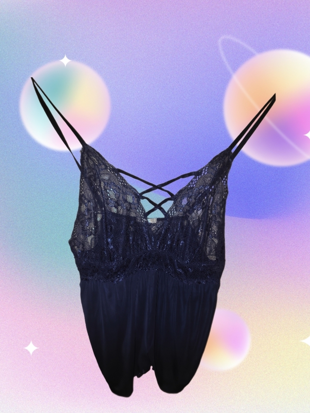 Lace-Trim Navy Blue Chemise with Crisscross Front